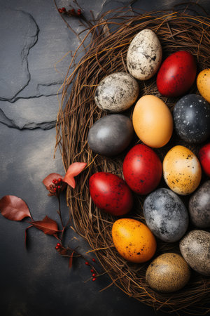 Easter composition. Multi-colored Easter eggs in a bowl. Happy Easterの素材