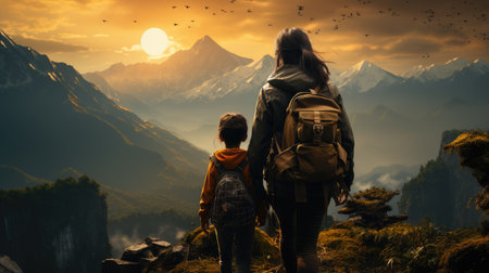 A mother with a child through the mountains. An active lifestyle.の素材