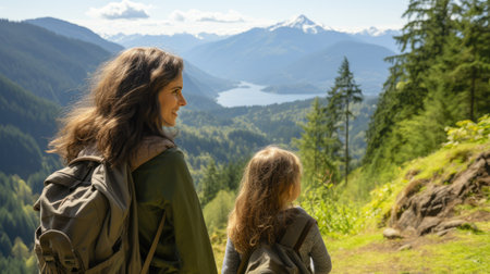 A mother with a child through the mountains. An active lifestyle.の素材