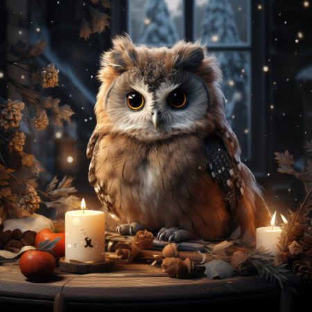 A cute owl with a burning candle. New Years card, Christmas.の素材