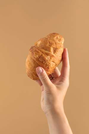 A womans hand holds a fresh croissant on a brown background. French baking.