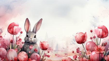 A rabbit on a blue background with Easter eggs and spring flowers. An Easter card. Copy spaceの素材