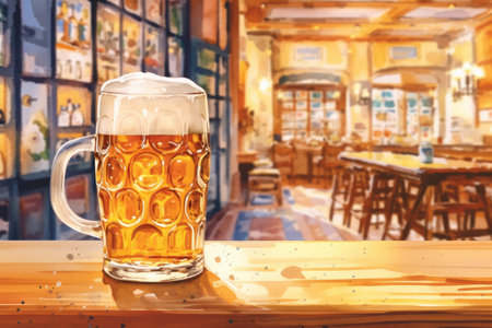 A promotional shot with a full glass of light camp beer with droplets on the sides in the bar.の素材