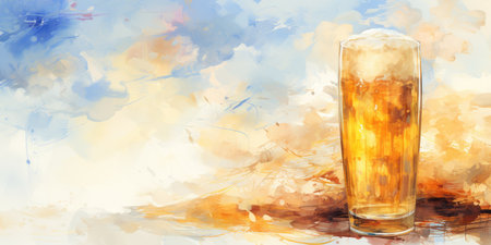 A glass of light beer with foam in watercolor style. Bar, a brewery.の素材