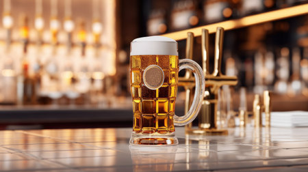 A promotional shot with a full glass of light camp beer with droplets on the sides in the bar.の素材