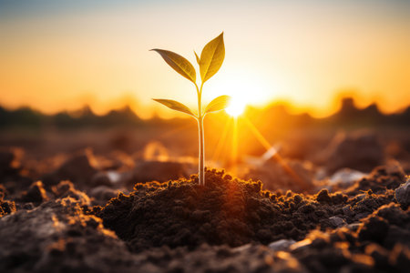 A young plant in the ground in the rays of the sun. Nature, plant sustainability, ecology.の素材