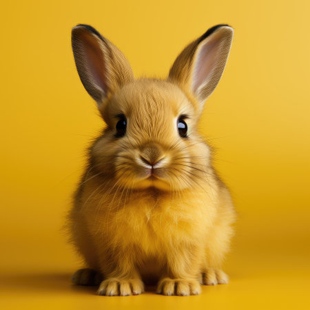 Cute fluffy baby rabbit on a yellow background. Easter.の素材