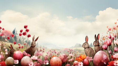 Easter holiday banner in watercolor style. Colorful eggs and a rabbit on the lawn. Copy spaceの素材