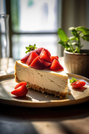 A piece of delicious dessert. Cheesecake with strawberries on a saucer.の素材