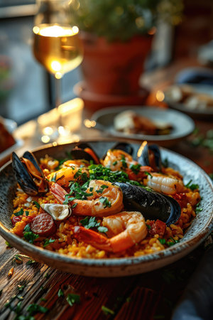 A traditional Spanish dish. Seafood paella with rice, mussels, shrimp. Menu, the recipe.の素材