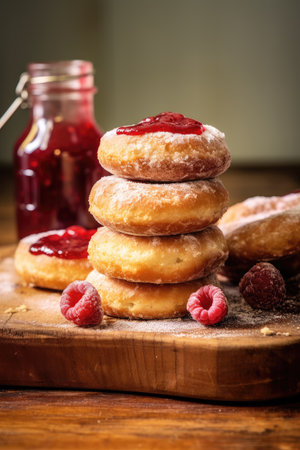 Delicious doughnuts sprinkled with powdered sugar on a wooden board with a jar of jam. Desserts.の素材