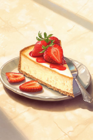A piece of delicious dessert. Cheesecake with strawberries on a saucer.の素材