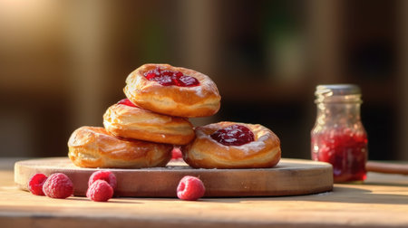 Delicious doughnuts sprinkled with powdered sugar on a wooden board with a jar of jam. Desserts.の素材