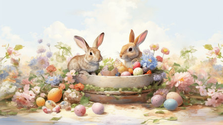 Festive Easter background with rabbit, colorful eggs and flowers in watercolor style. Happy Easter.の素材