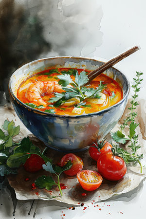 Asian soup with seafood. Tom Yam soup with shrimp in bowl. Watercolor styleの素材