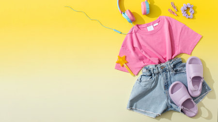 A childrens set of summer fashion clothes. Denim shorts, colored T-shirts for girls. Copy space