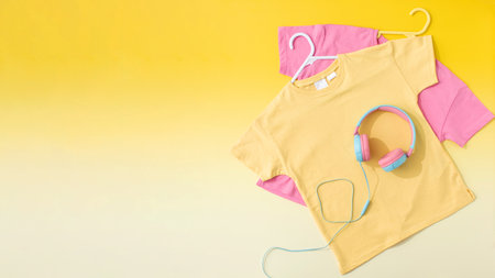 Yellow and pink childrens T-shirts on a yellow background. Flat lay. Copy spaceの写真素材