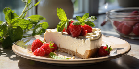 A piece of delicious dessert. Cheesecake with strawberries on a saucer.の素材
