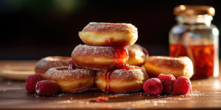 Delicious doughnuts sprinkled with powdered sugar on a wooden board with a jar of jam. Desserts.の素材