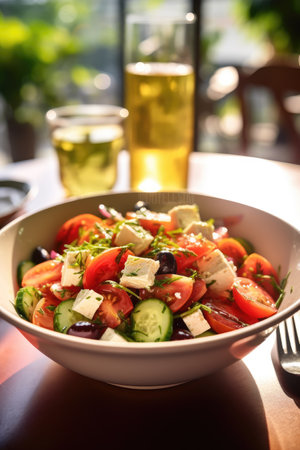 Delicious Greek salad with fresh vegetables and feta in plate. salads.の素材