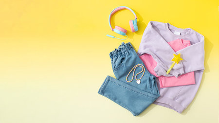Childrens lilac sweater and folded jeans on a yellow background. Stylish childrens clothes. Copy...