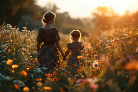 Mom and daughter walk together in a beautiful flower field at sunset in beautiful dresses.の素材