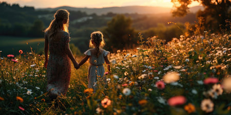 Mom and daughter walk together in a beautiful flower field at sunset in beautiful dresses.の素材