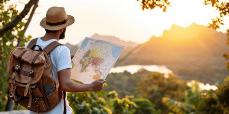 A man travels with a map in his hands and a backpack. Recreation, hiking, and active travel.の素材