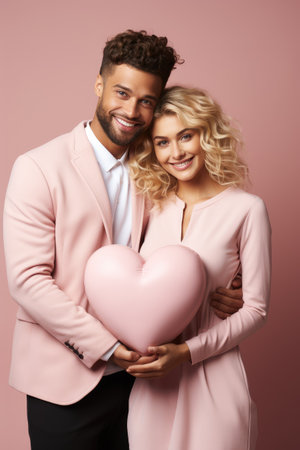 Portrait of a young couple in love with a heart in their hands on a pink. Valentines Day, love.の素材