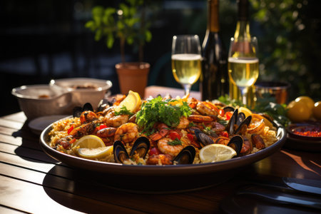 A traditional Spanish dish. Seafood paella with rice, mussels, shrimp. Menu, the recipe.の素材