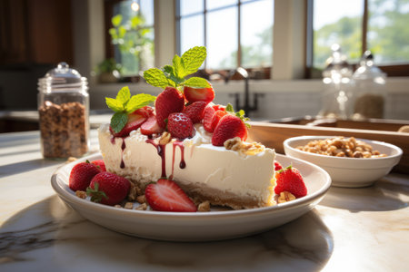 A piece of delicious dessert. Cheesecake with strawberries on a saucer.の素材