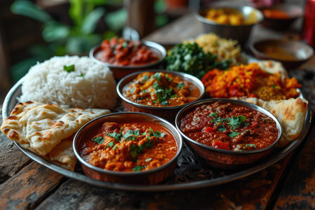 Indian dish with chicken curry, rice, naan bread and snacks. Indian cuisine.の素材