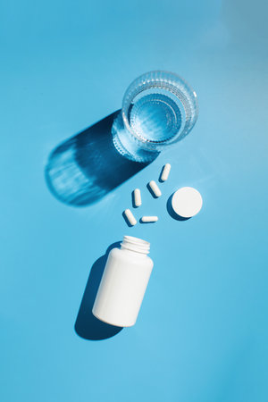 A white jar, white capsules of vitamins or medicines and a glass of water. Medicines