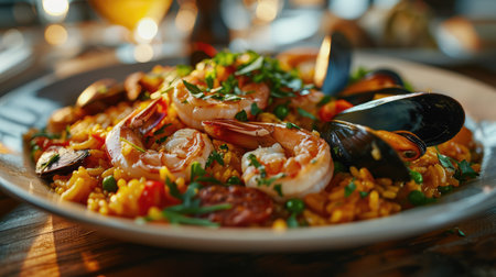 A traditional Spanish dish. Seafood paella with rice, mussels, shrimp. Menu, the recipe.の素材