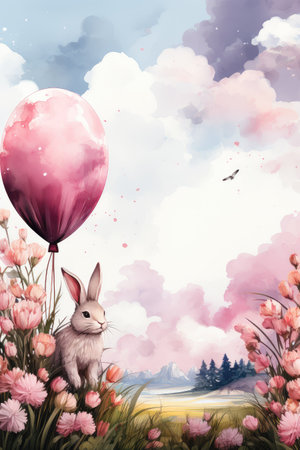a rabbit is sitting next to a pink balloon in a field of flowersの素材