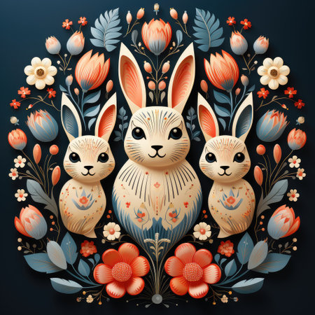 Three rabbits surrounded by flowers and leaves on a dark backgroundの素材