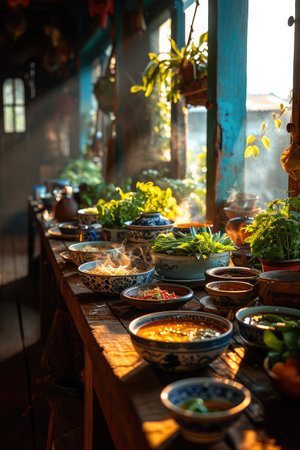 A rustic wooden table adorned with bowls of food and plantsの素材