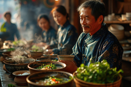 A man is sharing a meal at a table with bowls of cuisineの素材