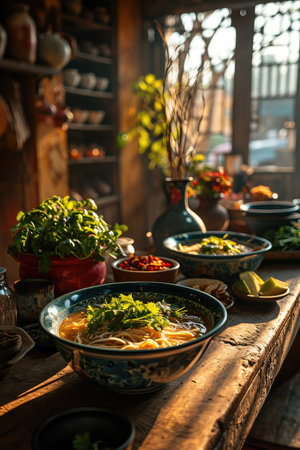 A rustic table set with bowls of soup and fresh vegetablesの素材