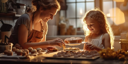 a woman and a little girl are making cookies in a kitchenの素材