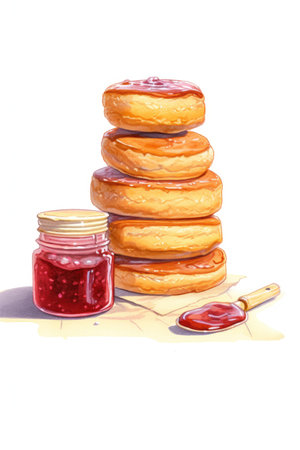 Food Donuts stacked on wire rack, a sweet dessert treat ready for any eventの素材