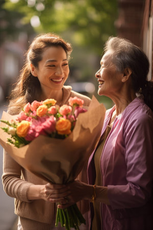 a young woman is giving a bouquet of flowers to an older womanの素材