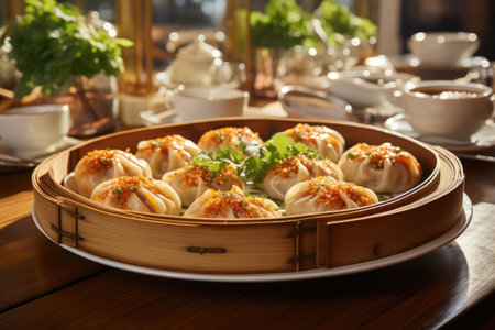Food A wooden steamer filled with dim sum rests on a tableの素材