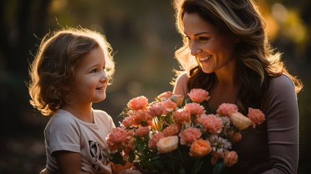 A woman and a toddler holding a bouquet of flowers, smilingの素材