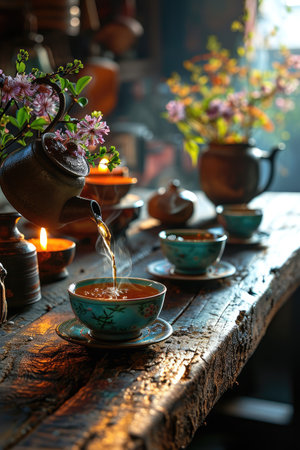 a teapot is pouring tea into a cup on a wooden tableの素材