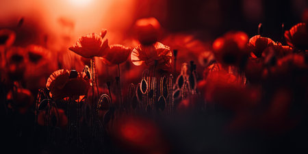 Beautiful field of red poppies in the sunset light.の素材