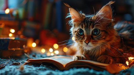 Domestic shorthaired cat with whiskers lying on open book in cityの素材