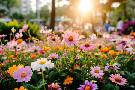 Vivid flowers in park, sun peeks through trees, perfect for nature photographの素材