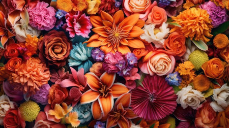 A vibrant bouquet of colorful flowers artfully arranged on a tableの素材