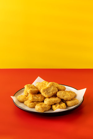 Delicious golden chicken nuggets on a plate on the table. Fast food, menu.の写真素材